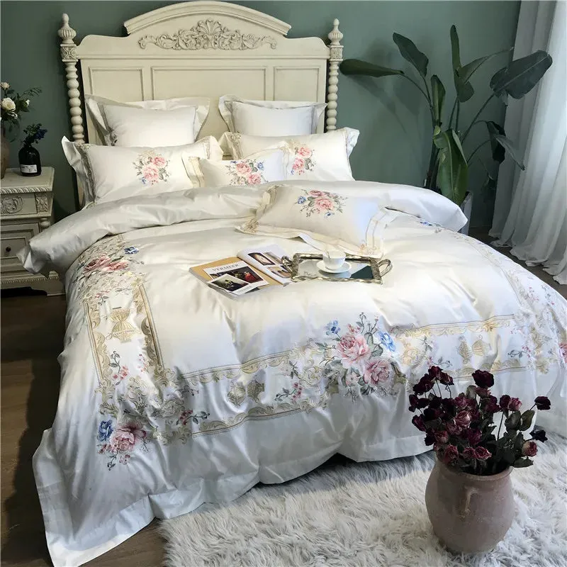 Cotton Luxury Embroidery White Bedding Set Queen King size Super King Duvet Cover Bed sheet set parure de lit