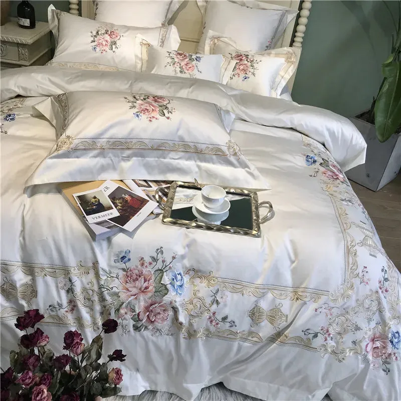 Cotton Luxury Embroidery White Bedding Set Queen King size Super King Duvet Cover Bed sheet set parure de lit