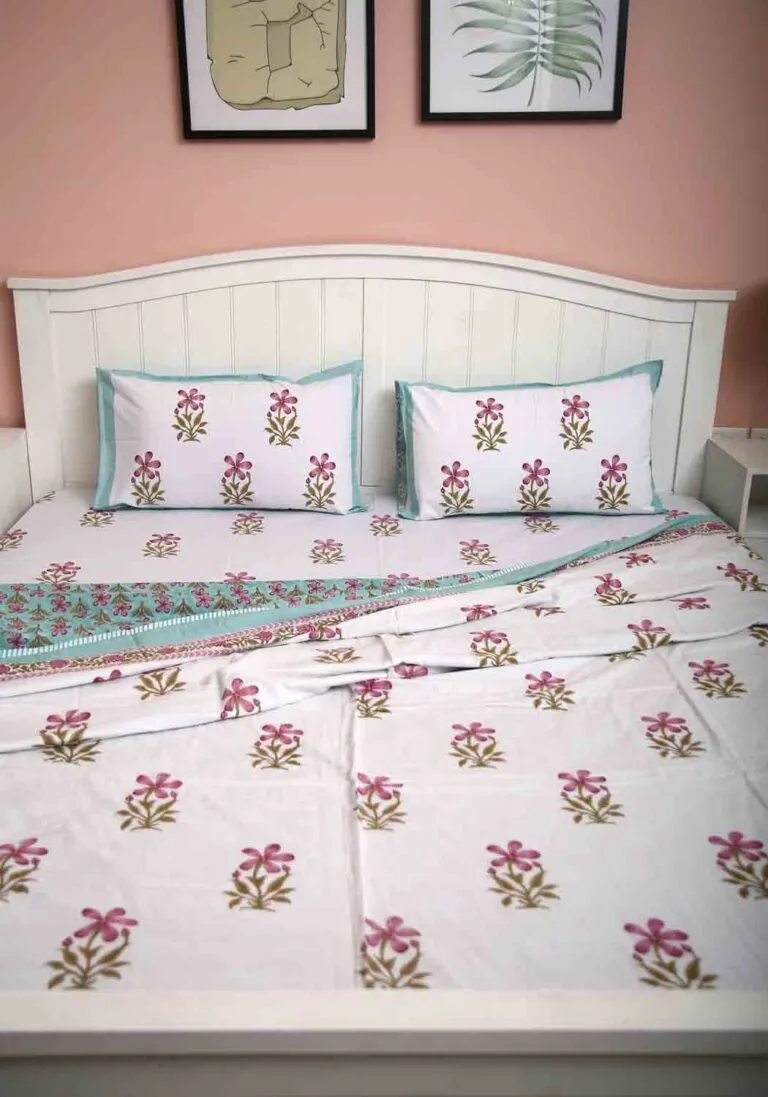 Fancy Vine Hand Block Print Bedsheet   Cushion Cover   Dohar