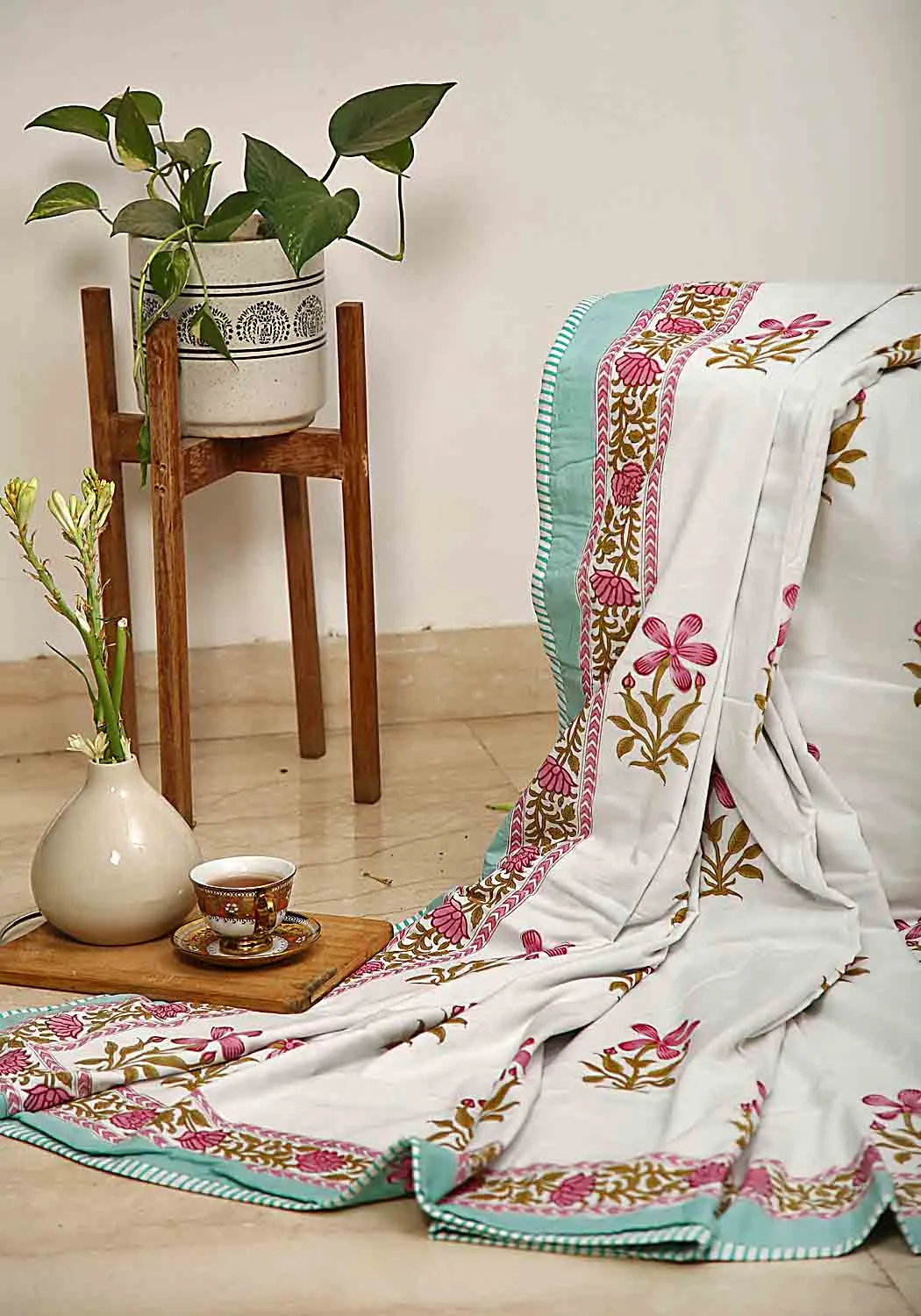 Fancy Vine Hand Block Print Bedsheet   Cushion Cover   Dohar