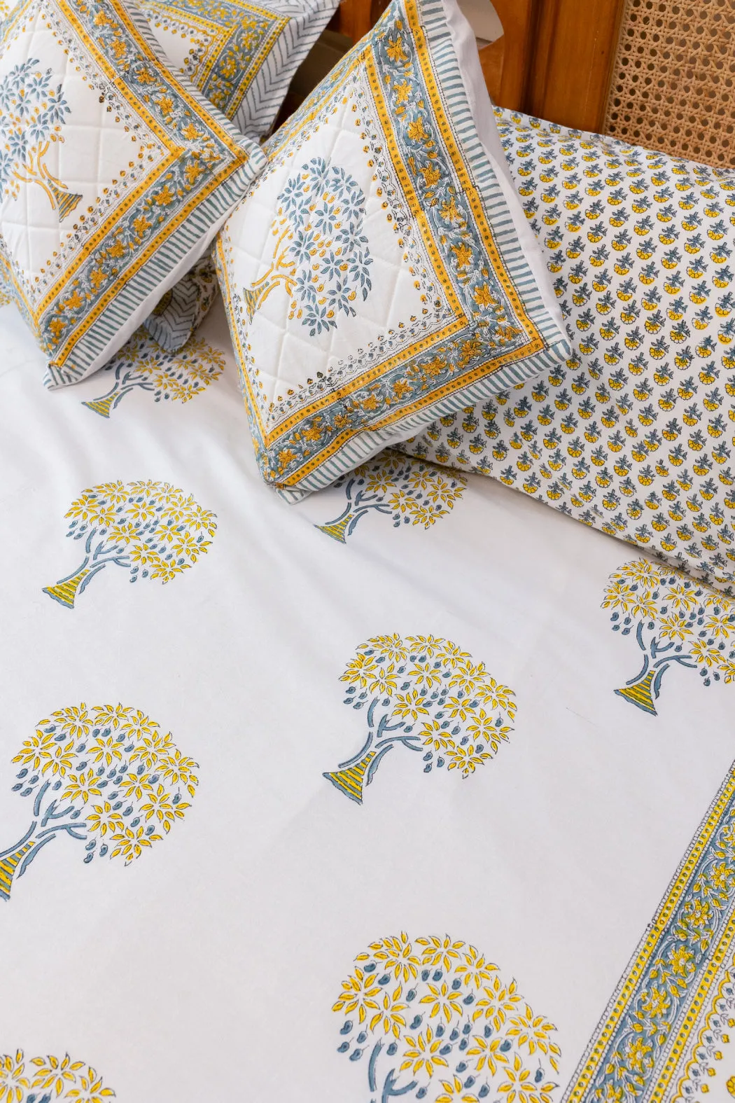 Heritage Blooms Hand Block Print Premium Cotton Bedsheet with 2 Pillow Covers & 2 Cushion Covers