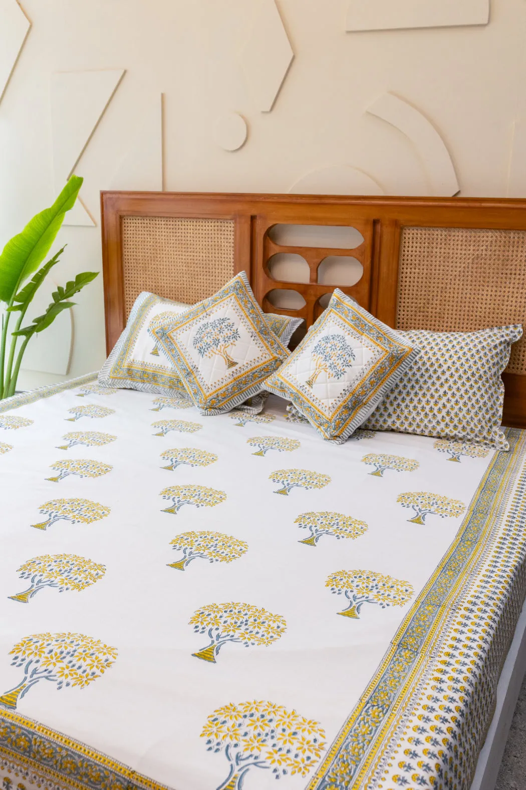 Heritage Blooms Hand Block Print Premium Cotton Bedsheet with 2 Pillow Covers & 2 Cushion Covers