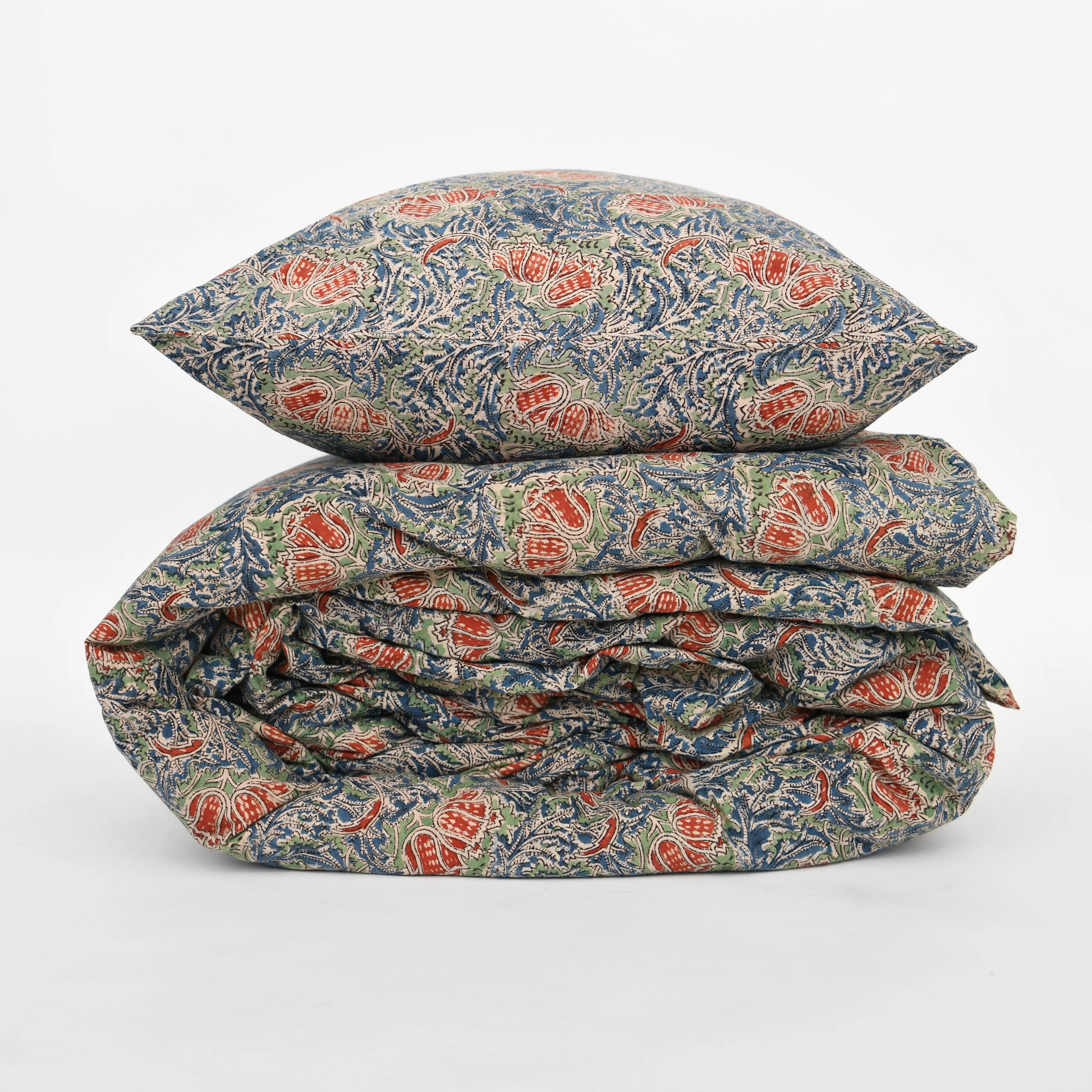 Indigo Dyed Kalamkari  Duvet Cover - Trumpet Flower