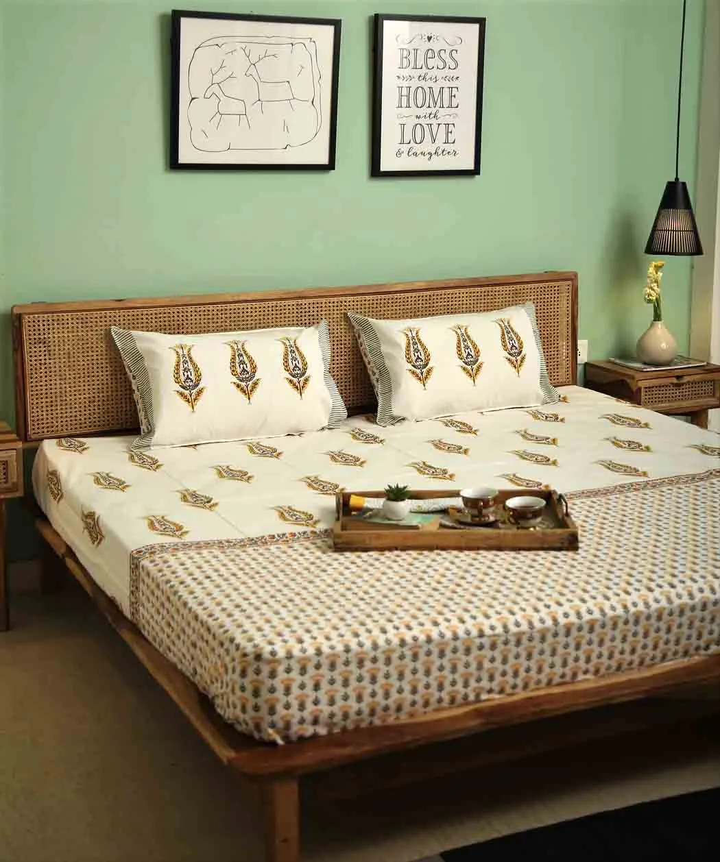 Olive Grace Hand Block Print Bedsheet   Cushion Cover   Dohar