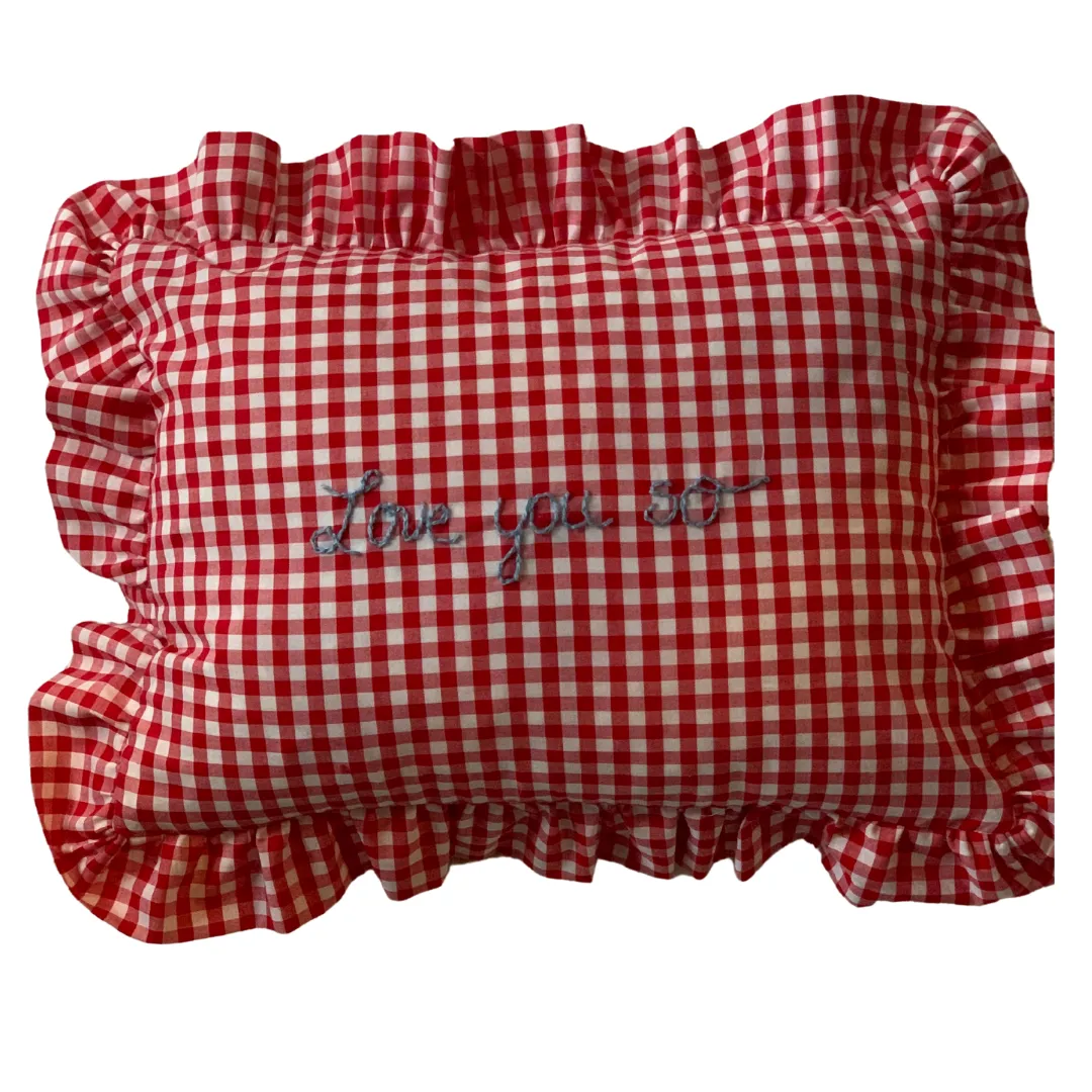 Rectangle Ruffle Pillow - Love You So - pink gingham