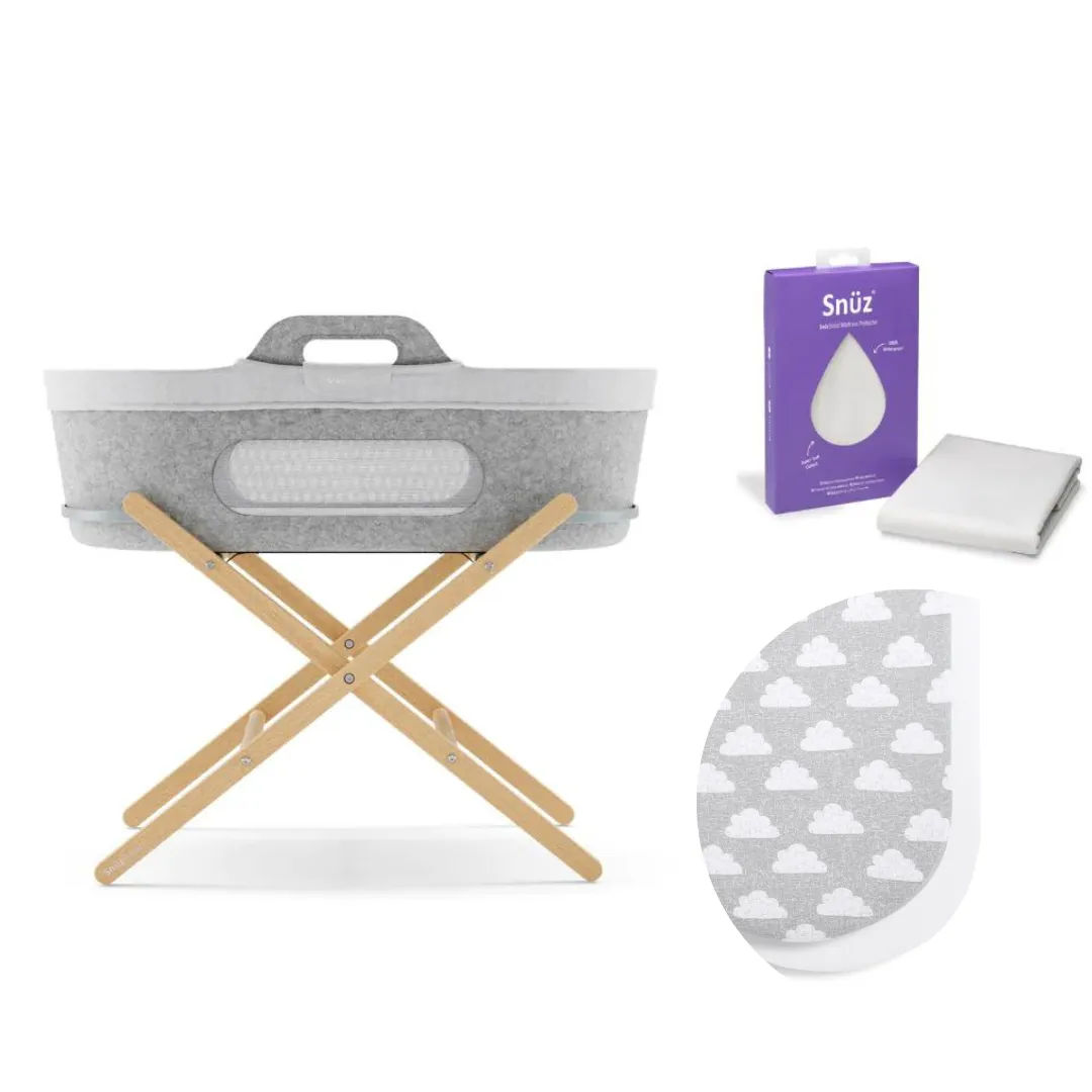 SnuzBaskit Everything Bundle - Light Grey Moses Basket & Natural Stand - Choose your sheet colour