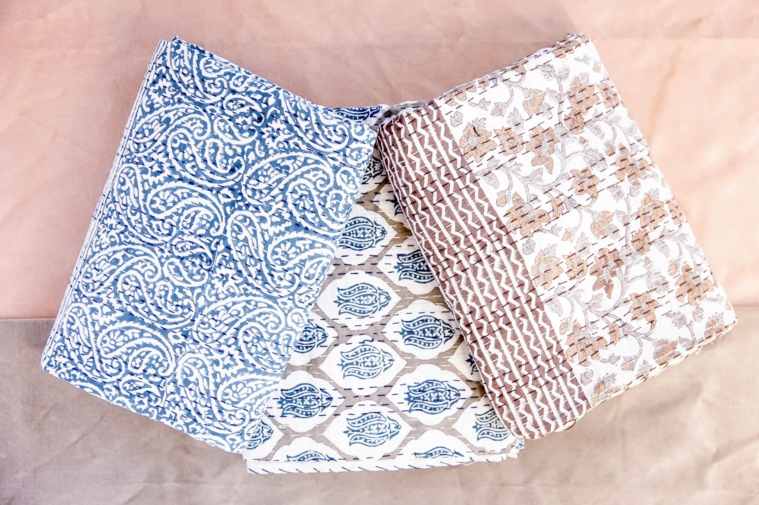 The Blue Bell Block Print Kantha Stitch Throw